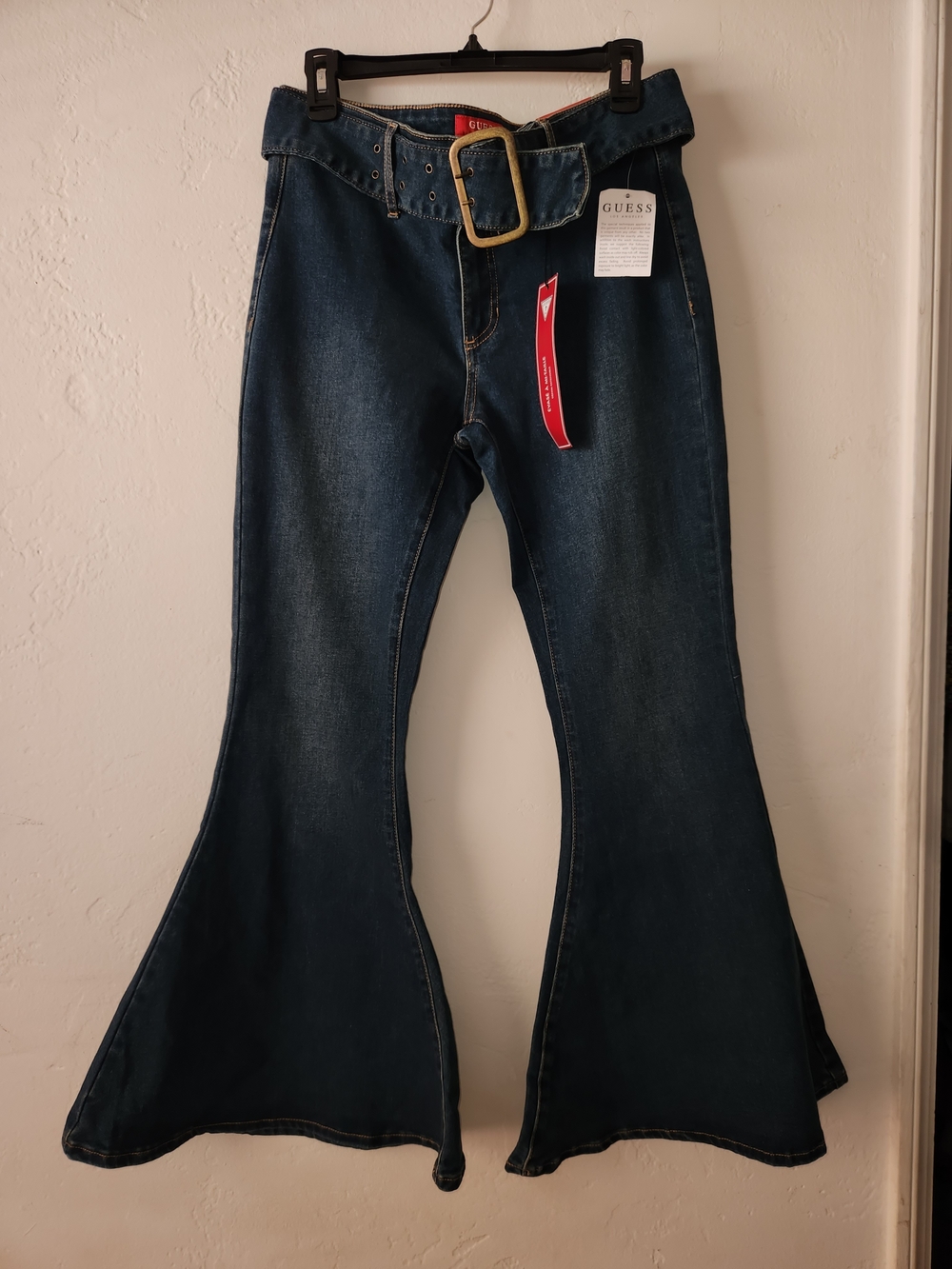 GUESS Dark Blue High-Rise Flare Jeans with Brushed Gold Buckle Belt